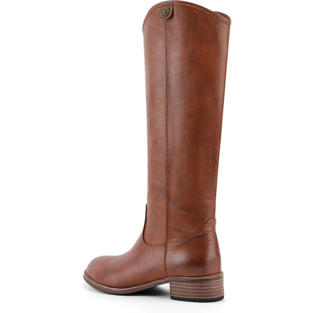 Women's Cognac Round Toe Chunky Heel Faux Suede Tall Knee High Boots Rubber